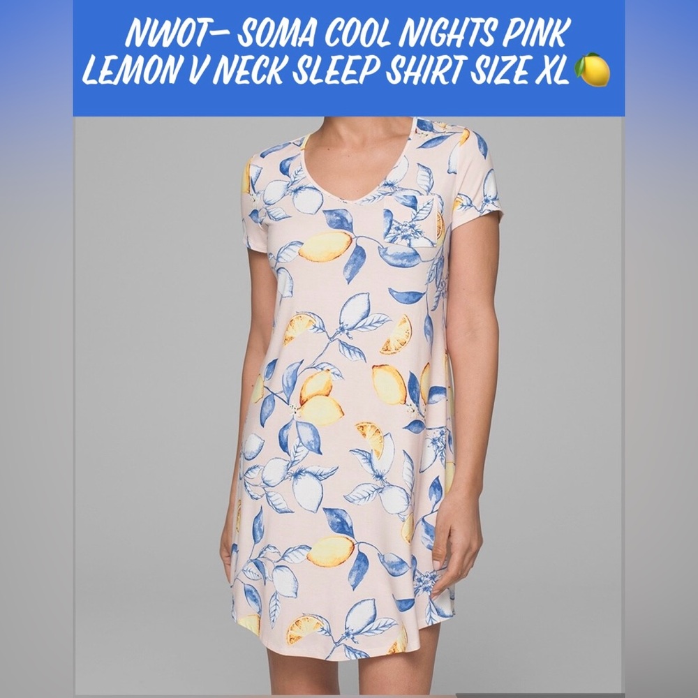 🎉HP🎉NWOT- Soma Cool Nights Pink Lemon V Neck Sleep Shirt Size XL🍋